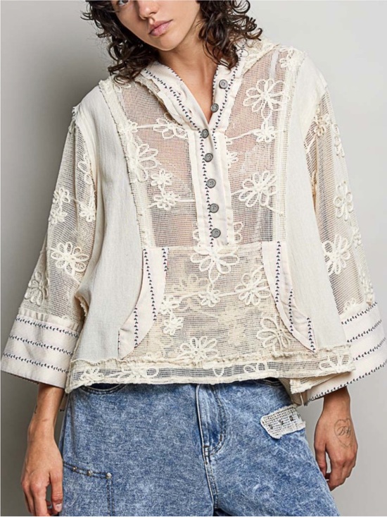 Anthropologie Tops - POL Natural Floral Embroidered Semi-Sheer Cotton Boho Hoodie